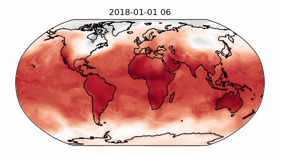 GIF showing out-of-sample prediction results for the 2-meter temperature using a GraphCast model trained in Modulus on a 34-variable subset of the ERA-5 dataset. Starting from an initial condition for the temperature on 2018-01-01, the temperature is predicted for two months with one-day intervals.
