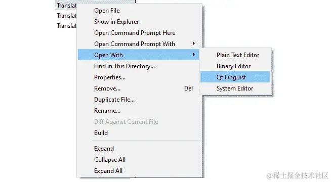图 11.2 - 在 Qt Creator 中使用 Qt Linguist 选项打开