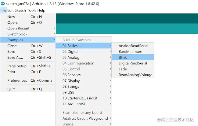 A screenshot of the top left of the Arduino IDE showing the navigation to the blink example which opens up a series of submenus below and then to the right of the choices. The correct path is as follows: File (first option on the top menu) → Examples (about half way down) → 01.Basics (first option) → Blink (third option). You’ll notice that Arduino has provided a wealth of additional examples to choose from should you like to explore the board more on your own outside of the course material. Click the Blink example to open up the correct code in the IDE. Do note that Arduino sometimes changes the ordering of menu items during updates to the IDE so please follow the words and do not be alarmed if they are in slightly different locations.