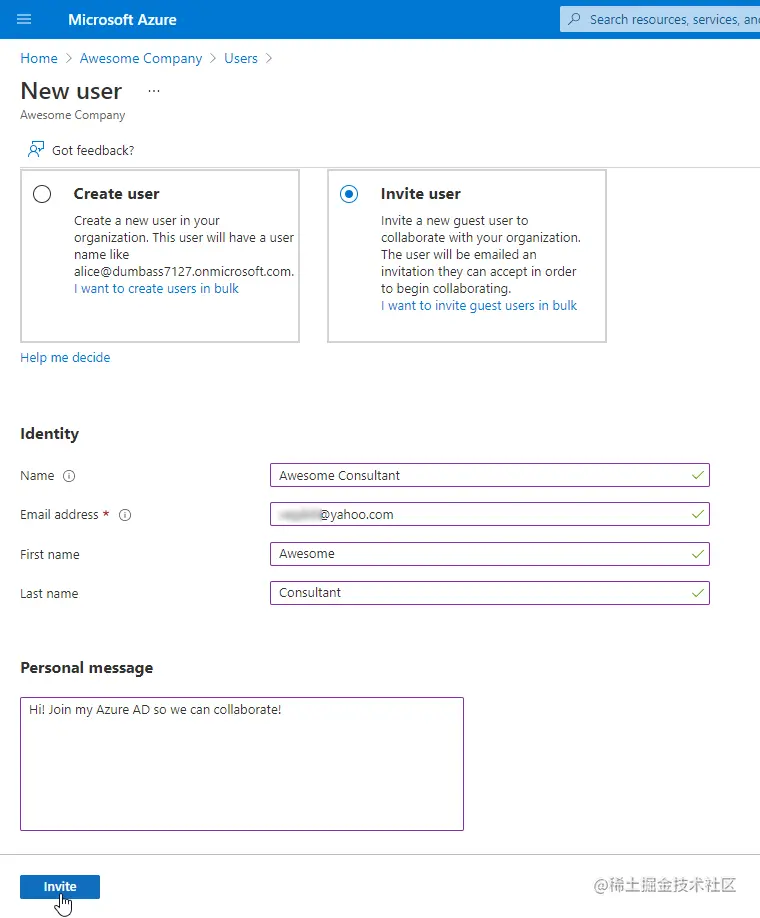 azure ad invite a new guest user