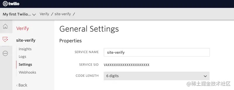 Twilio Verify general settings page with service SID