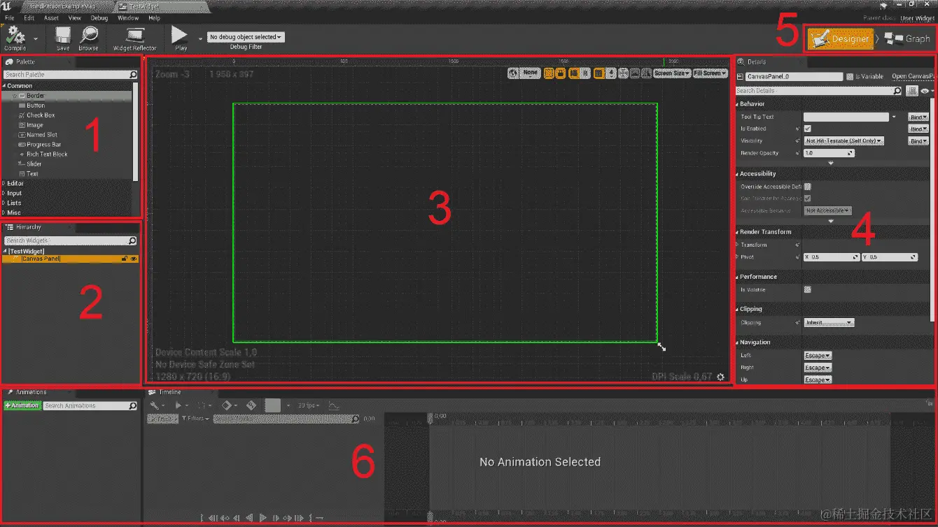图 8.1：小部件蓝图编辑器分解为六个窗口