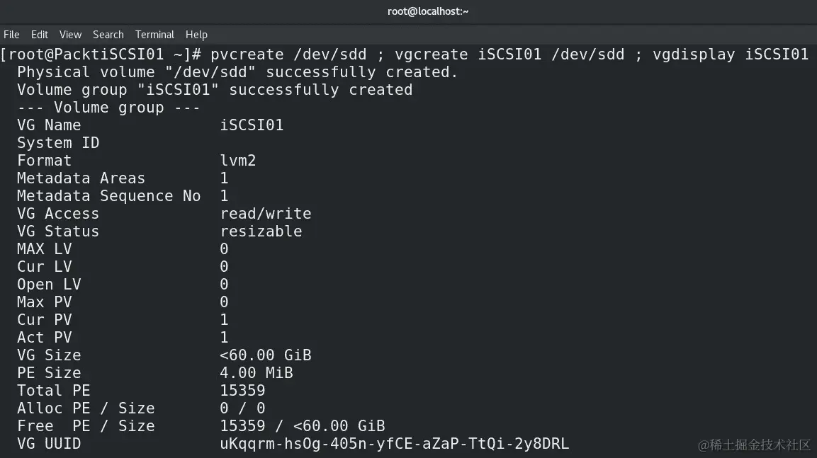图 5.11 - 为 LVM 配置物理卷，构建卷组，并显示有关该卷组的信息和显示有关该卷组的信息
