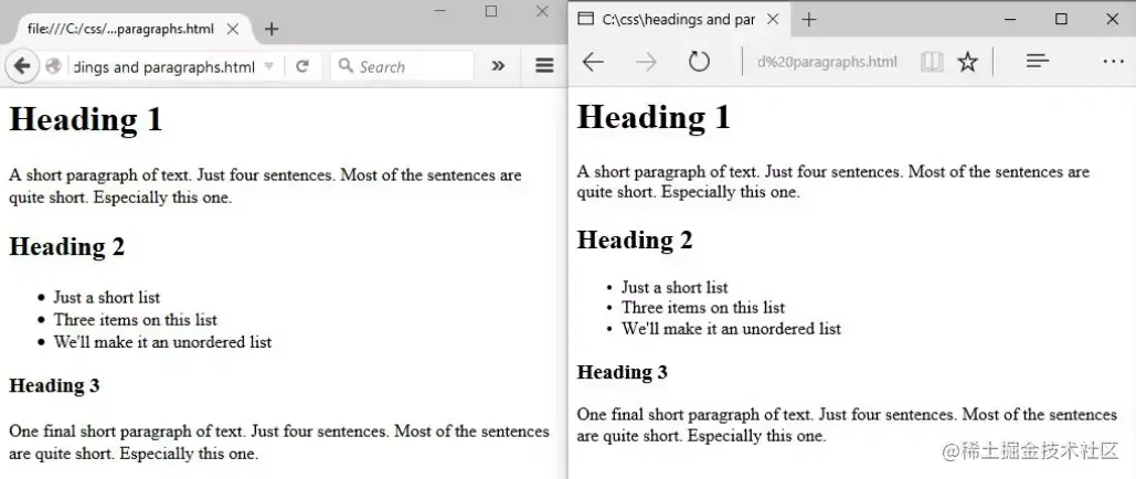 在 Mozilla Firefox 和 Microsoft Edge 中呈现的 HTML 比较显示了细微的差异。