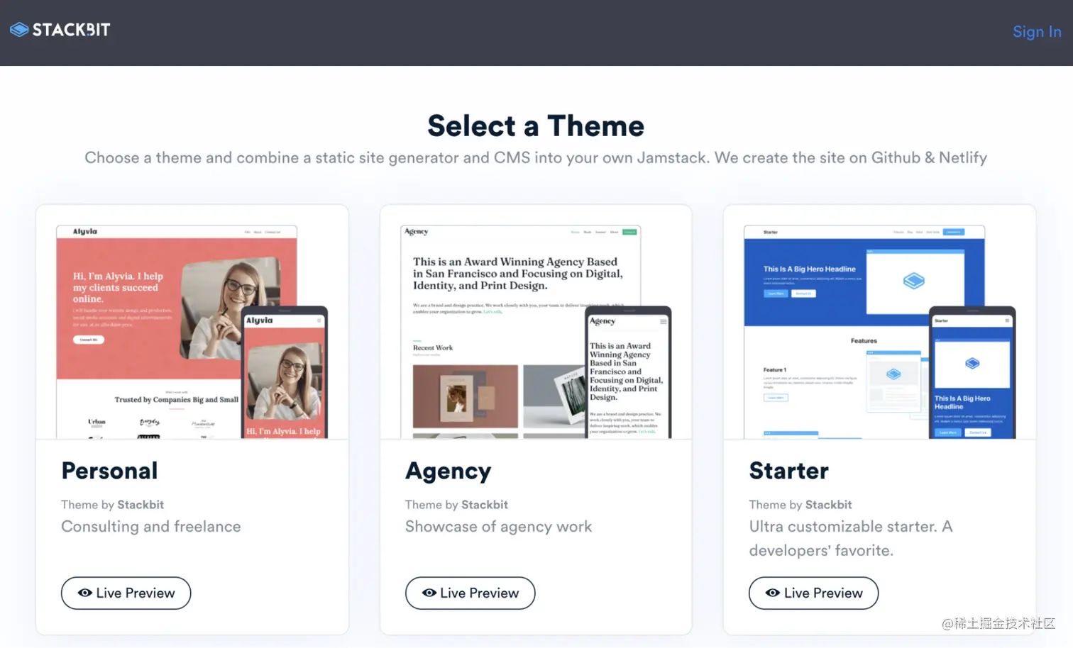 Select a Stackbit theme