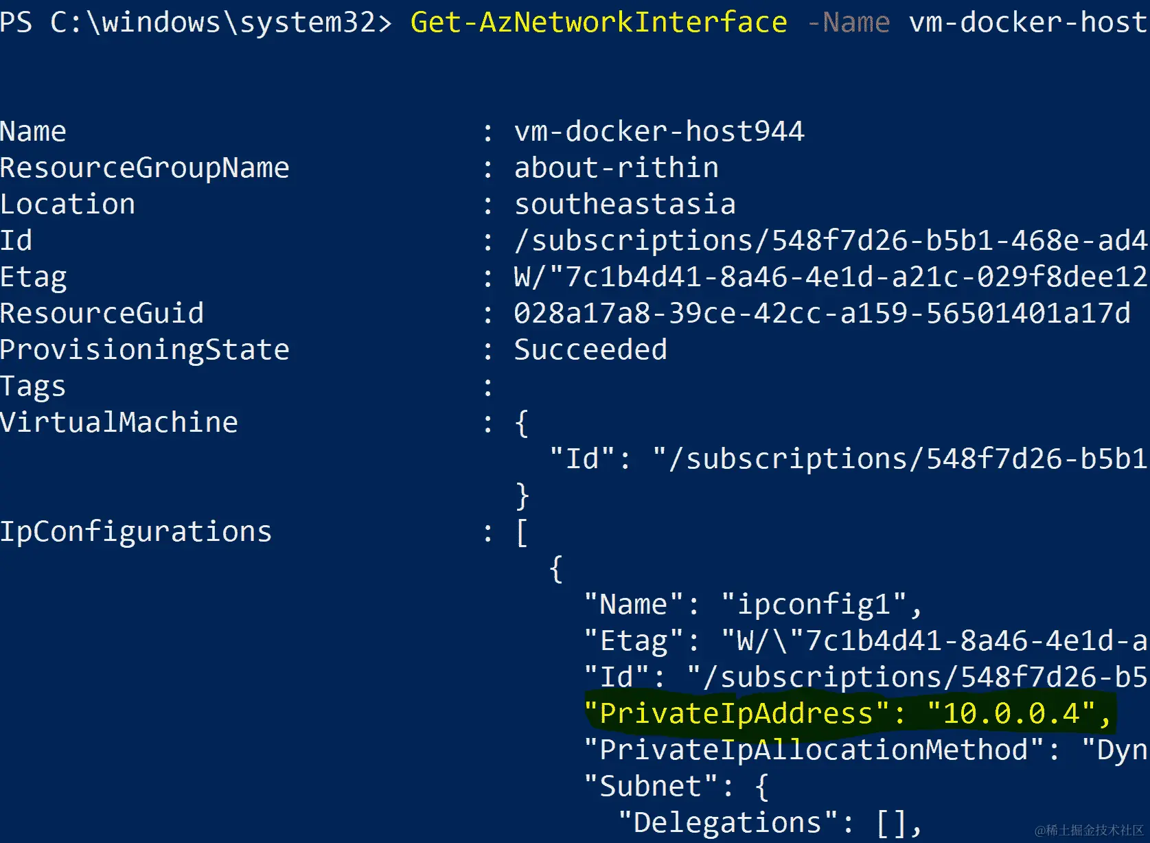 以 JSON 格式显示资源组中虚拟机的私有 IP 地址的输出