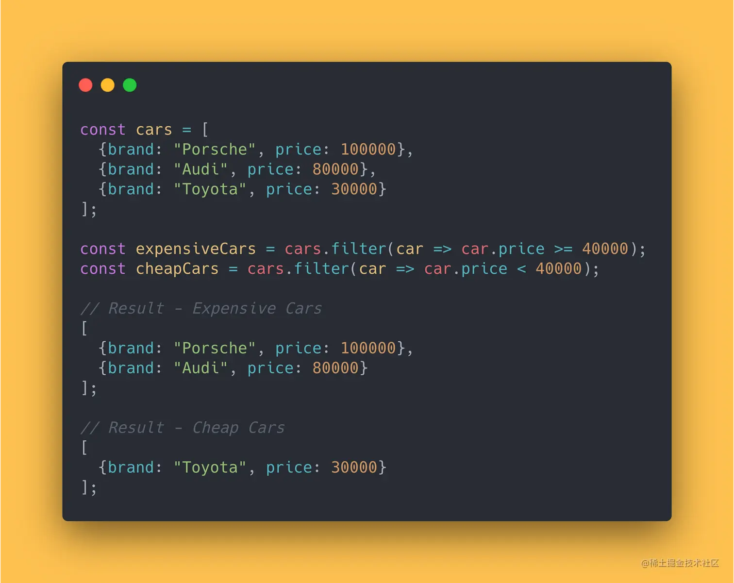 JS code block showing how to use the filter method to filter cheap/expensive cars from an array.