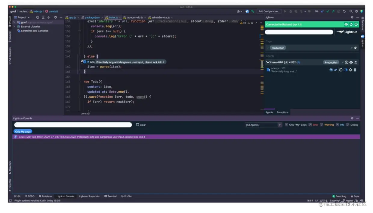 Lightrun console showing alerts