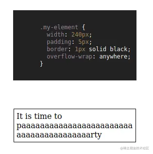 Demonstration of overflow-wrap-anywhere, in which the "it's time to paaarty" text is contained by the box.
