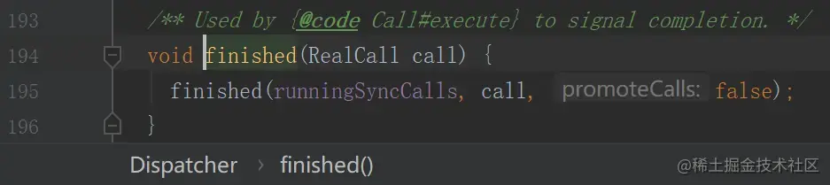 一参传了【runningAsyncCalls】，二参是【当前同步请求】对应的【Call 实例】，这里的第三个参数，到时候异步请求的时候会用到，本质作用是接下来调用【promoteCalls()】的开关，这里同步请求传的时候false，