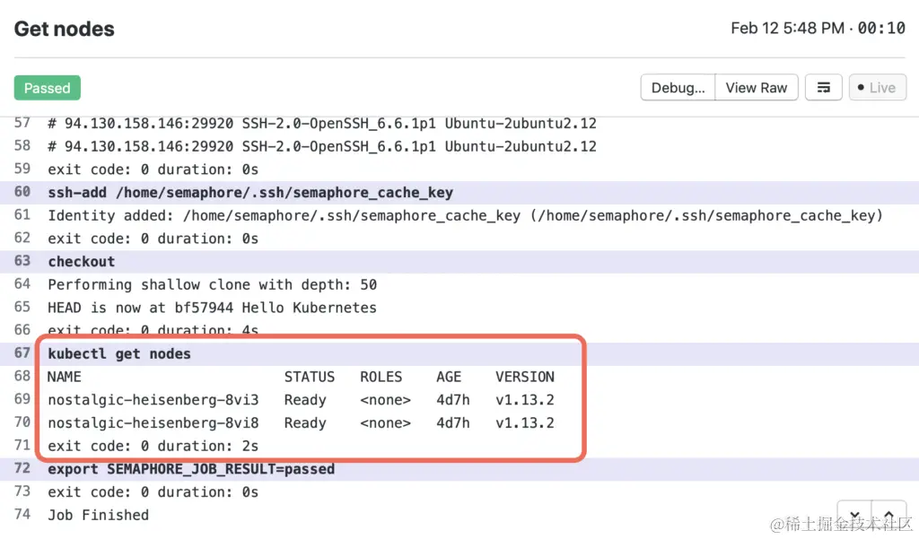 Job log of communicating with Kubernetes from Semaphore