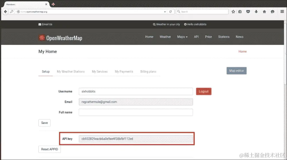 检索您的 OpenWeatherMap API 密钥