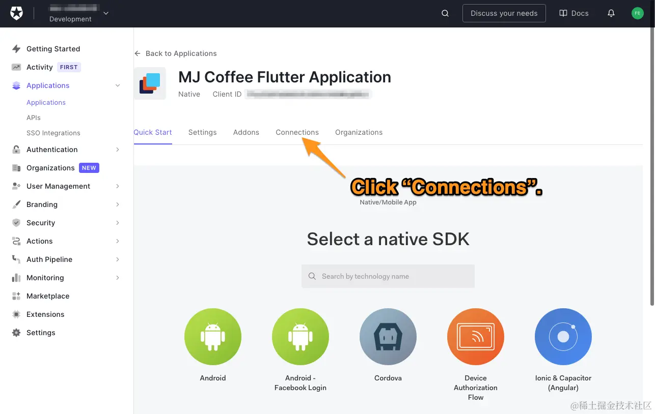 The “Quick Start” tab for the “MJ Coffee” application in the Auth0 dashboard. The user is directed to click the “Connections” tab.
