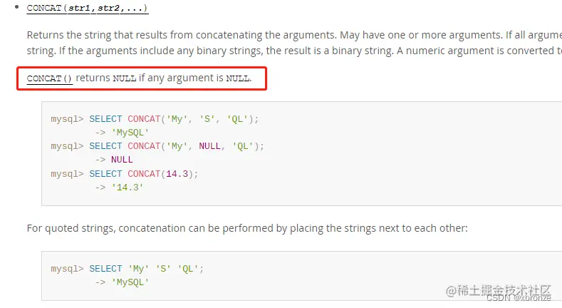 CONCAT() returns NULL if any argument is NULL.