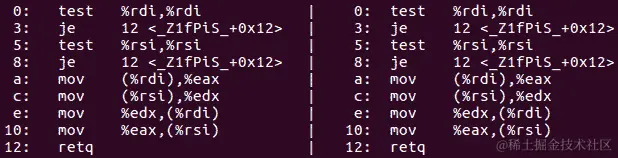 图 10.2 - 带有（左）和不带（右）多余指针测试的汇编输出
