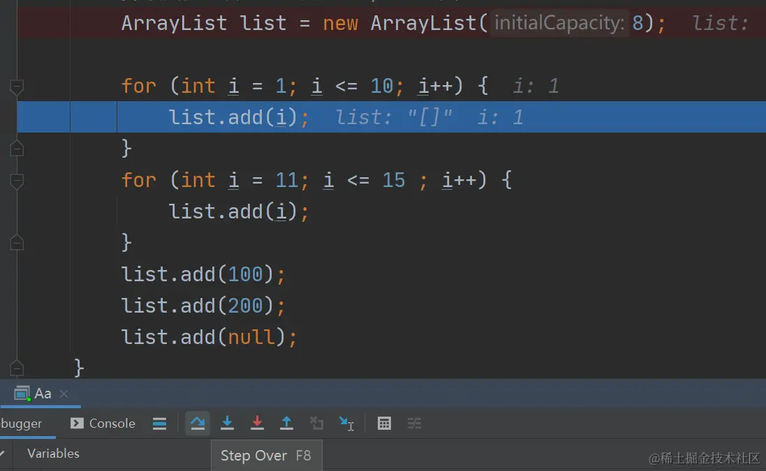 Step over 一直跳直接跳到8，i=9