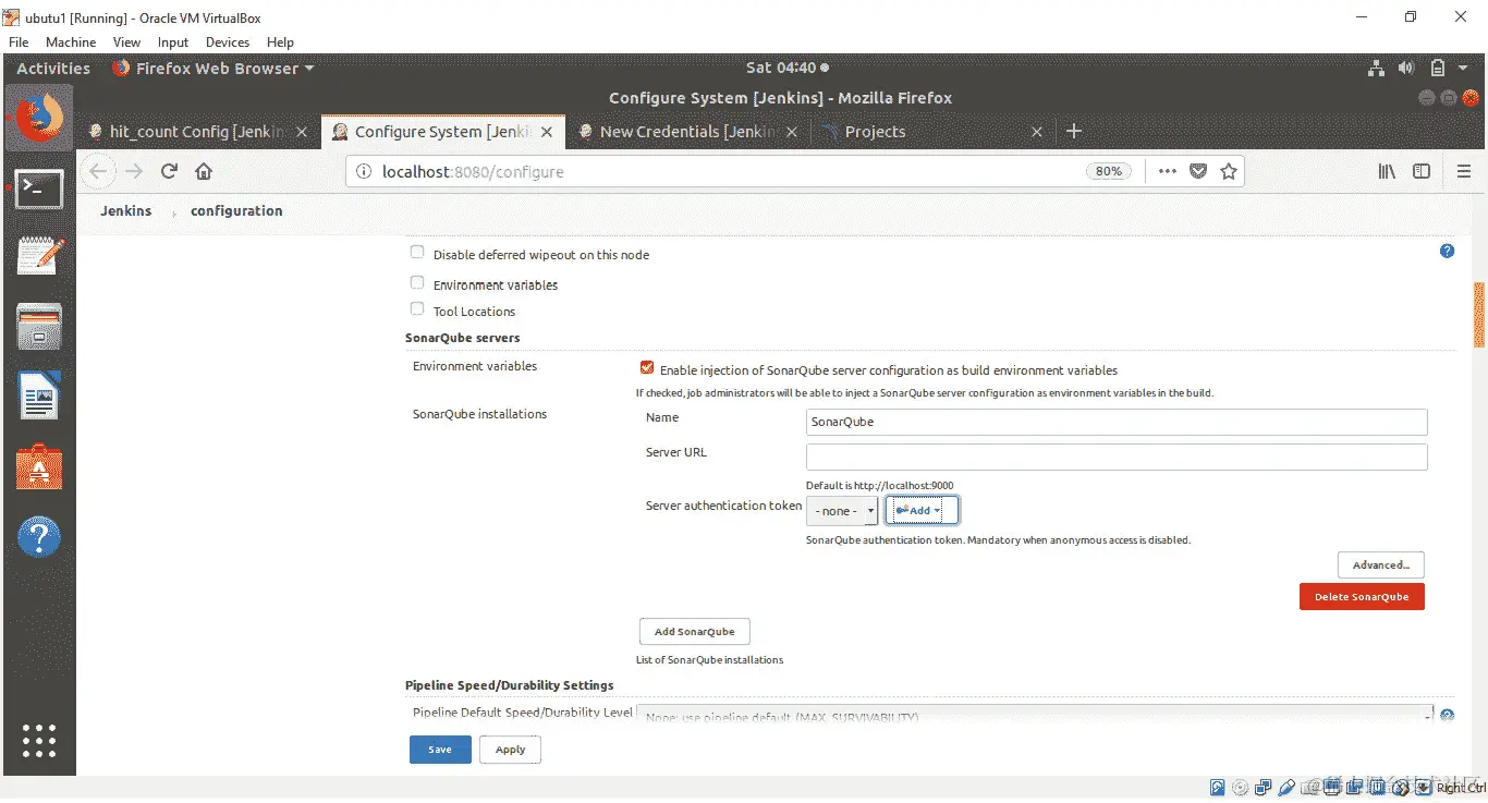 图 8.47：在 Jenkins 配置中插入 SonarQube 令牌