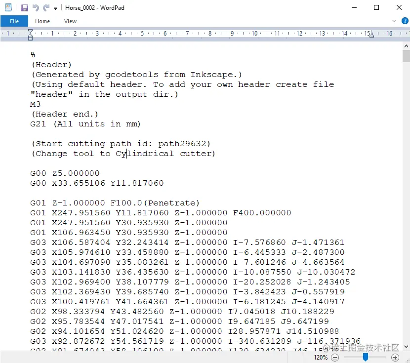 写字板文本编辑器中的 G 代码示例