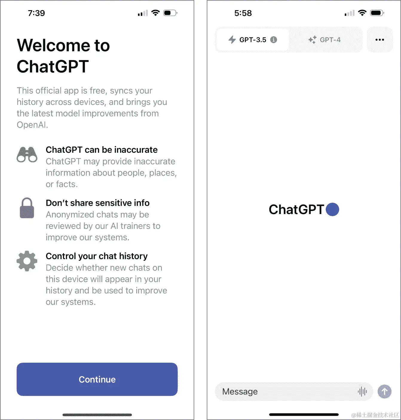 欢迎来到 ChatGPT 屏幕的快照（左侧），阅读信息并点击继续按钮。当 ChatGPT 屏幕（右侧）出现时，您可以开始使用了。