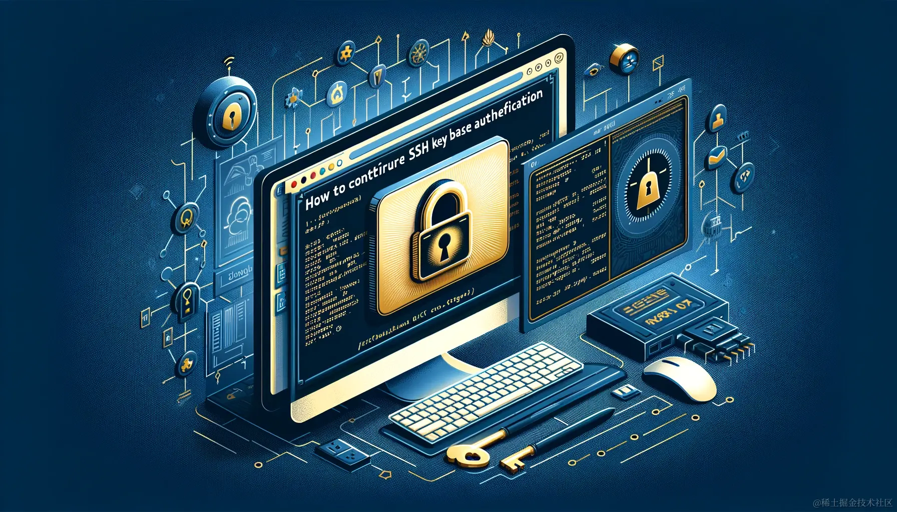 DALL·E 2023-11-30 11.45.02 - Blog banner for 'How to Configure SSH Key-Based Authentication'. Features a computer terminal with SSH commands on screen, a golden key symbolizing se.png