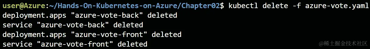 kubectl delete -f azure-vote.yaml 命令的输出，验证部署和服务已被删除。