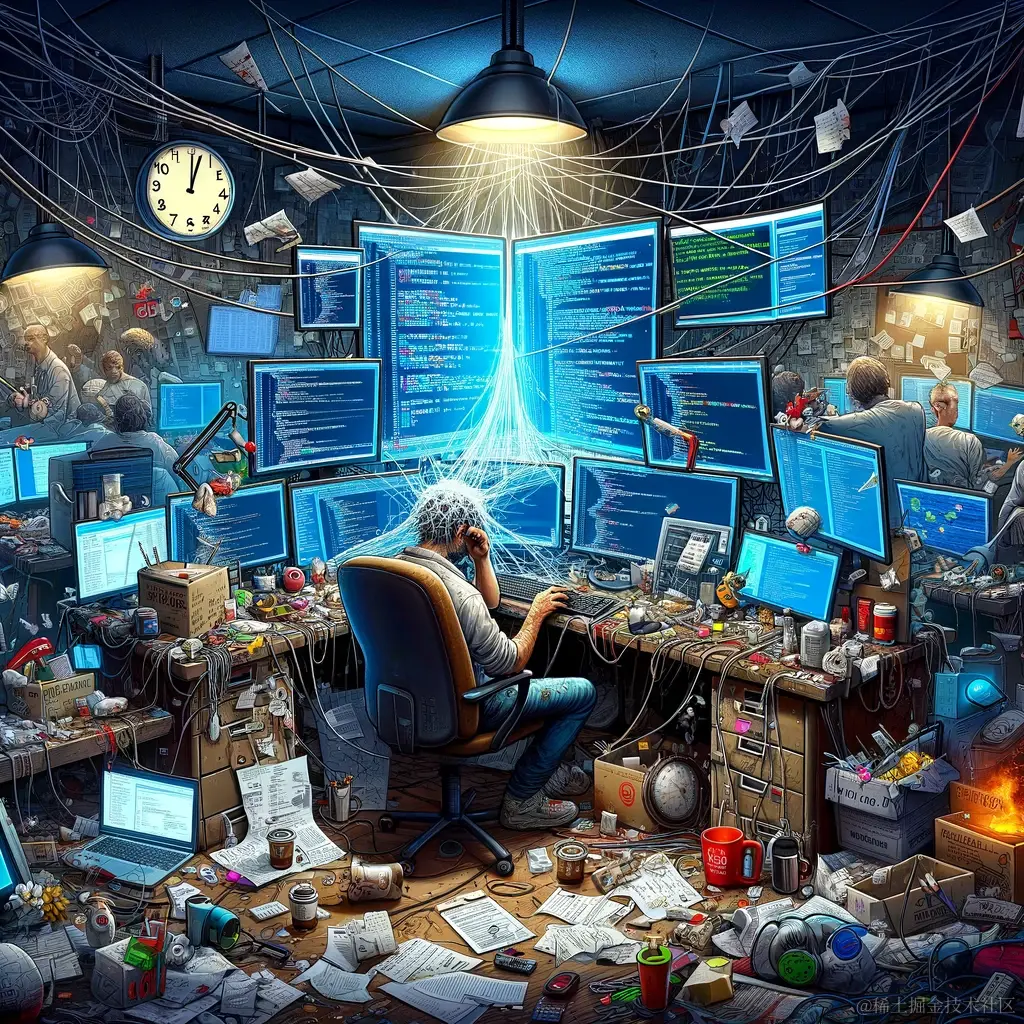 DALL·E 2024-03-18 08.07.16 - Imagine a scene that vividly illustrates the life of a programmer, overwhelmed by the need to constantly address bugs in their code, leading to endles.webp