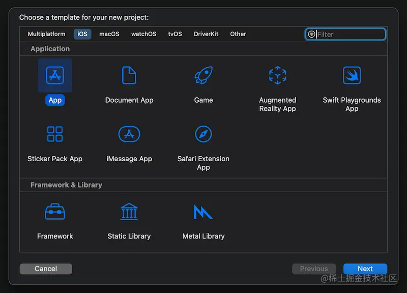 Xcode’s “Choose a template for your new project” dialog, with “iOS” and “App” selected.