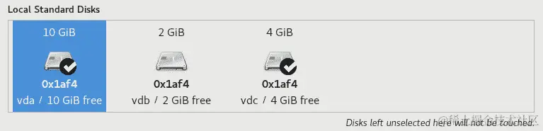 图 1.35 – RHEL8 安装 – 安装目标菜单，选择了几个本地磁盘