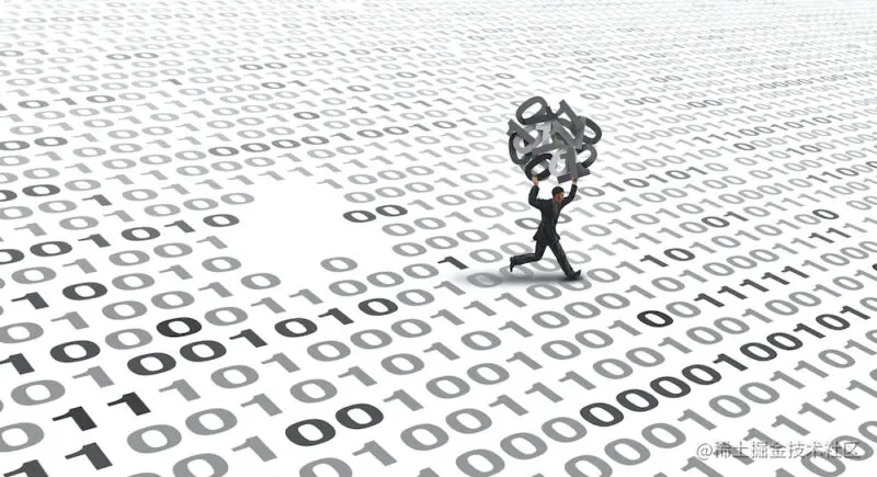 A cartoon man runs across a white field of ones and zeroes.