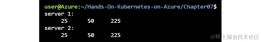 输出显示就绪探针导致流量再次在服务器 1 和服务器 2 之间进行负载均衡。