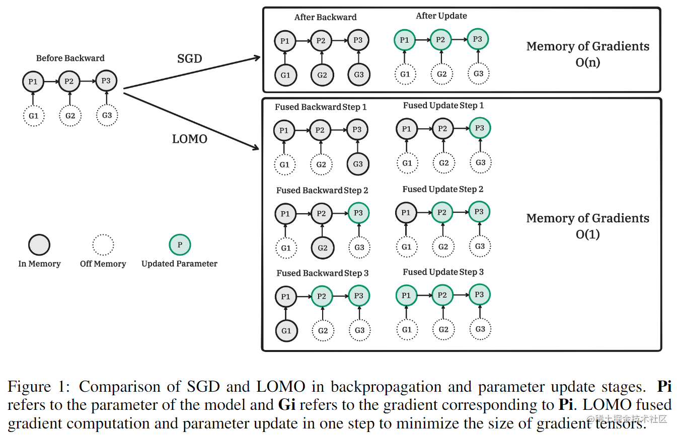 图1. LOMO和SGD在反向传播和参数更新阶段的状态对比