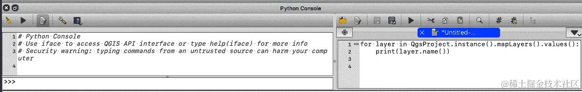 Python 控制台（左）和 Python 代码编辑器（右）