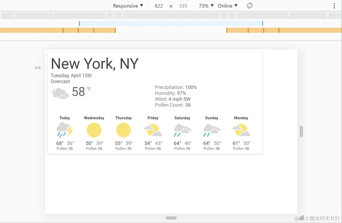 打开我们的天气应用程序并选择宽度为 822 像素时的 DevTools 截图。