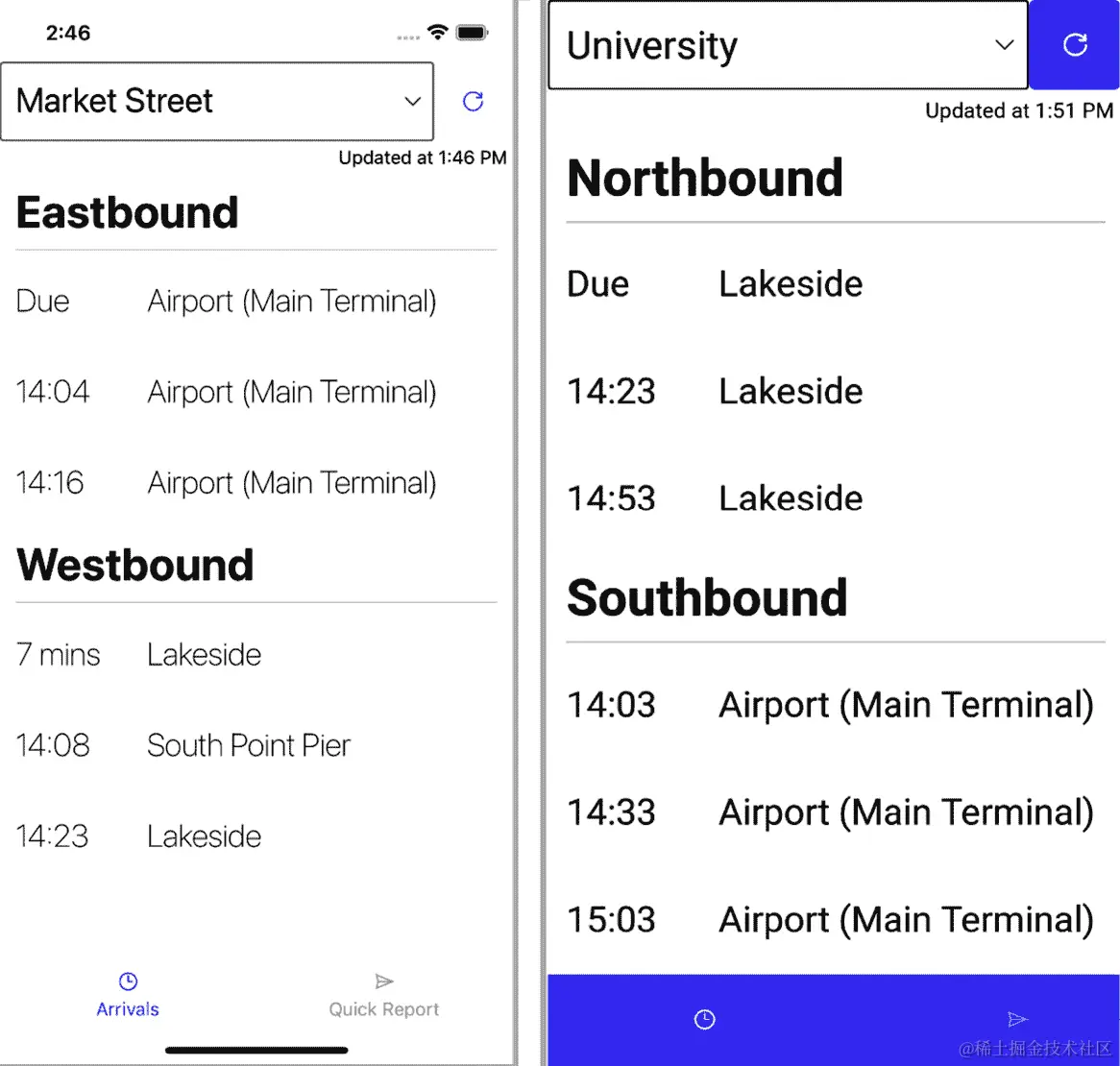 图 4.2 - iPhone 上显示的即将到达的详细信息（左）和 Android 设备上（右）