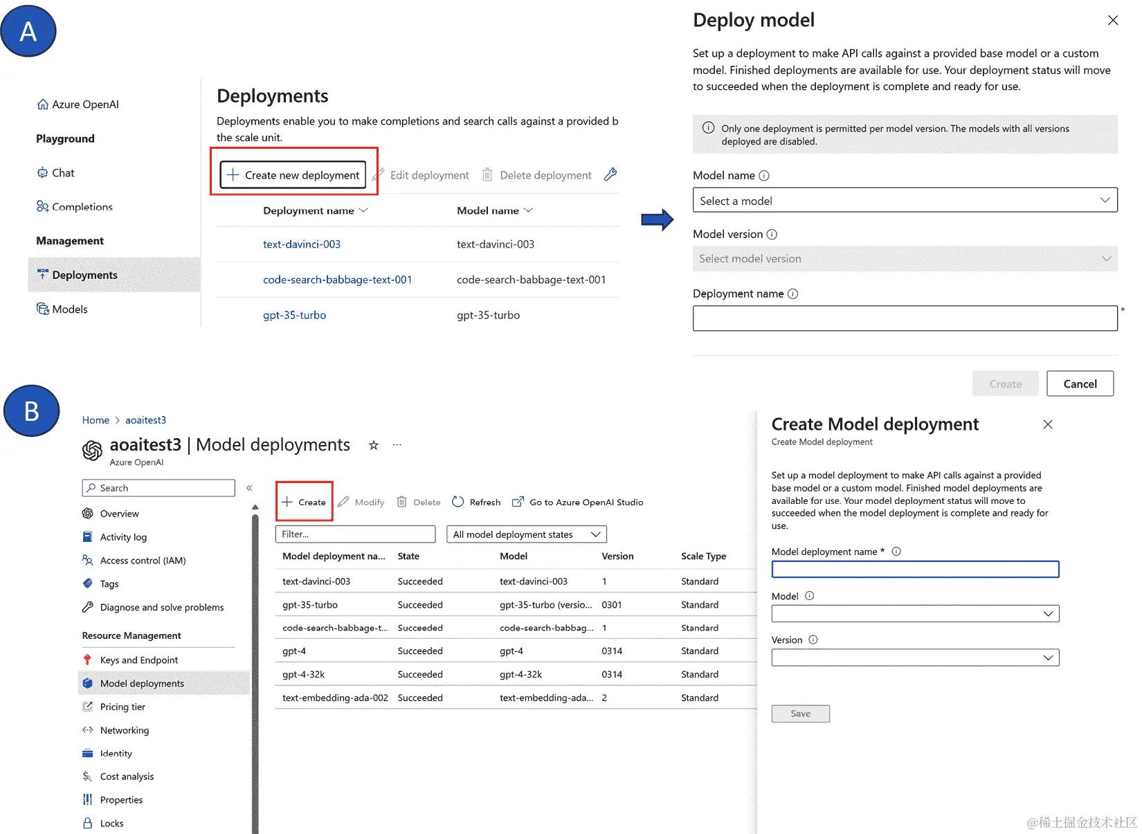 图 9.6 – 通过 Playground（A）或 Azure 门户（B）创建新的 AOAI 部署