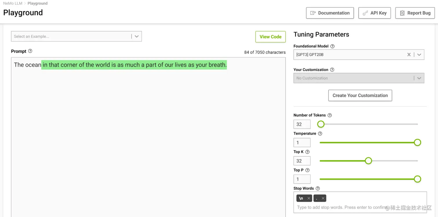 Screenshot of the ocean prompt with temperature = 1, and output, “The ocean in that corner of the world is as much a part of our lives as your breath.”