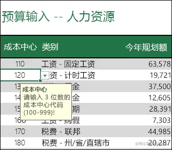当用户选择单元格时，将显示一条输入消息