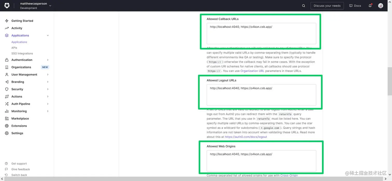 CodeSandBox URLs added to the Auth0 application