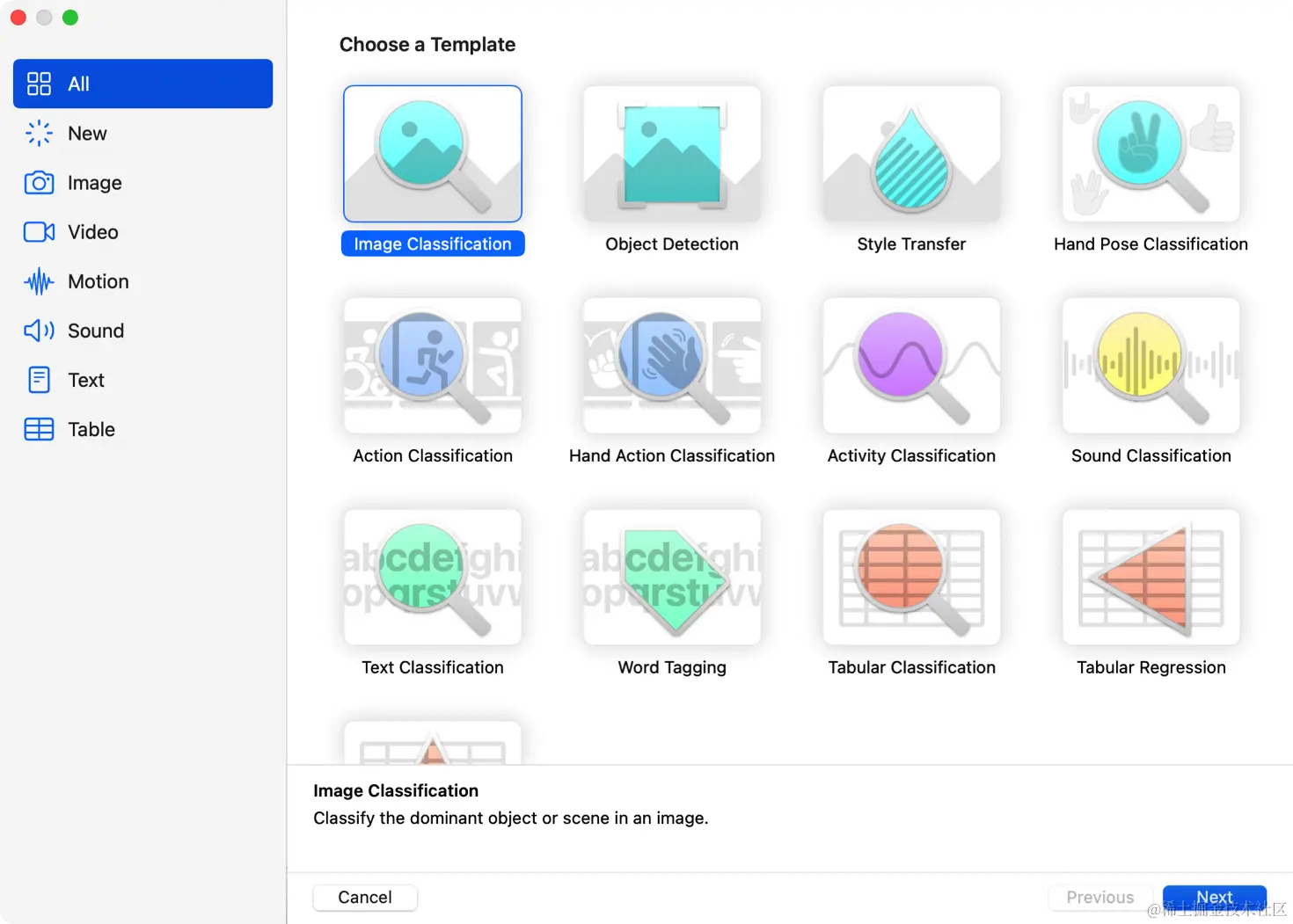创建 ML 项目模板窗口的屏幕截图，其中选择了图像分类模板。 窗口中的其他模板包括 Style Transfer、Action Classification、Sound Classification 和 Tabular Regression。