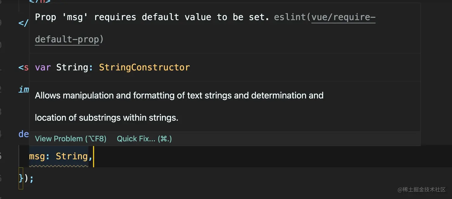 screenshot of ESLint working with VS Code providing a yellow squiggly line to indicate a warning