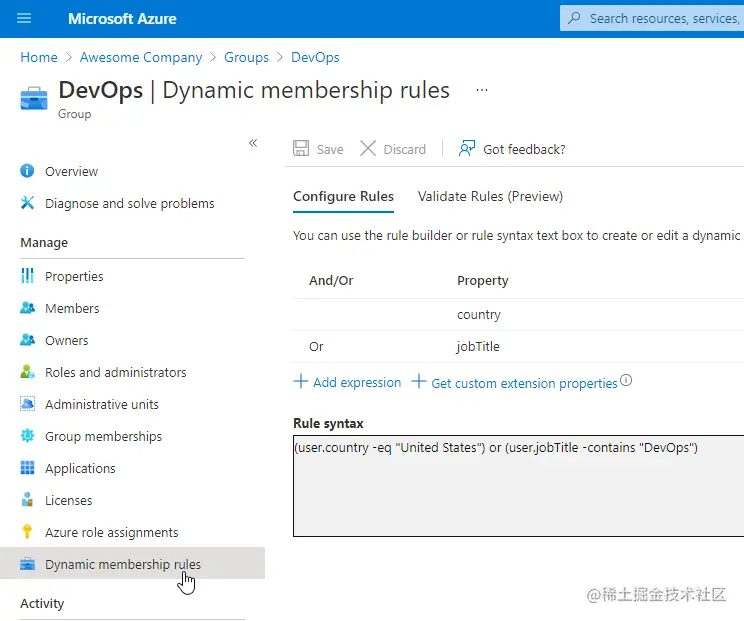 dynamic membership rules azure groups