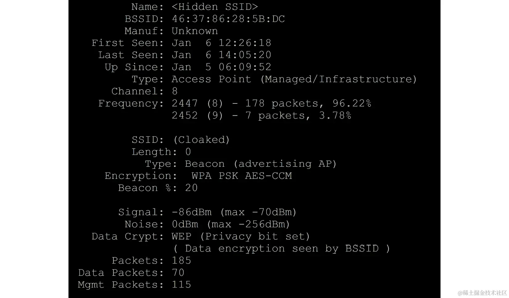 图 3.12 - Kismet 输出，接入点/SSID 详细信息