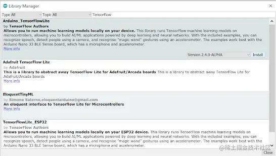 Screenshot of using the library manager to search for and install the  Arduino_TensorFlowLite library.