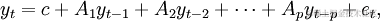 y_{t}=c + A_{1}y_{t-1} + A_{2}y_{t-2} + \cdots + A_{p}y_{t-p} + e_{t},