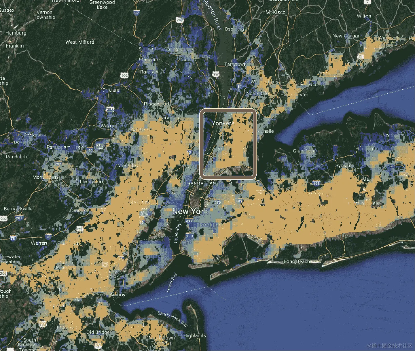城市热岛，计算从 2003 年到 2018 年的平均值。数据来源：Earth Engine Data Catalog
