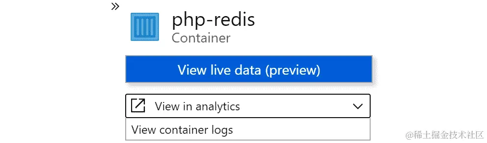 在容器选项卡中访问容器的日志的选项。