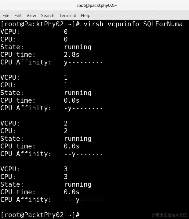 图 15.7 – 用于我们的 VM 的 virsh vcpuinfo