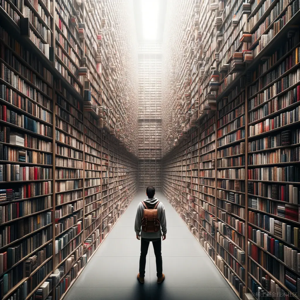 DALL·E_2023-10-13_11.05.59_-_photo_of_a_person_standing_in_a_vast_library,_looking_overwhelmed_by_the_sheer_number_of_books_surrounding_them,emphasizing_the_challenge_of_finding.png