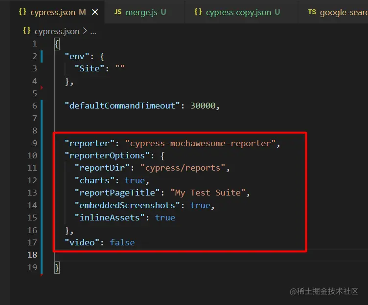Sample Image of Report Configuration in cypress.json
