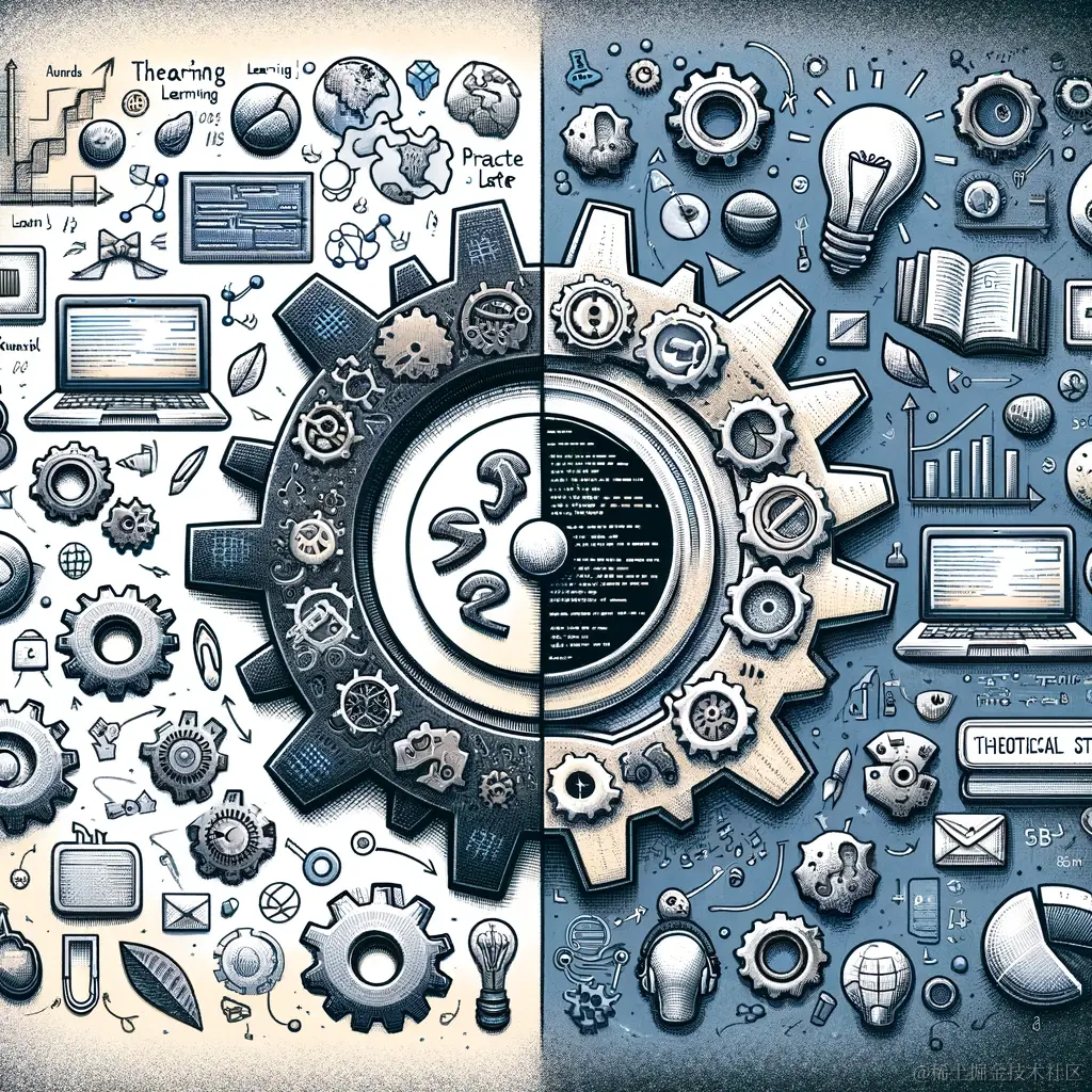 DALL·E 2024-01-28 21.58.19 - A conceptual illustration depicting two learning styles_ 'Hands-On Learning' and 'Theory-First, Practice-Later'. On one side, show an image representi.png